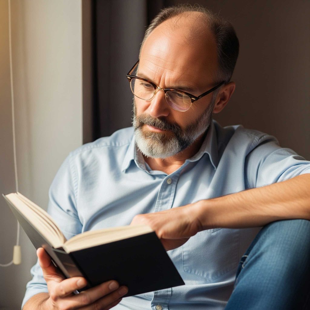 A man in reading glasses turns the page in a book he's holding