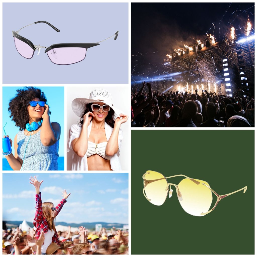 A collage of images from music festivals and related fashion eyewear