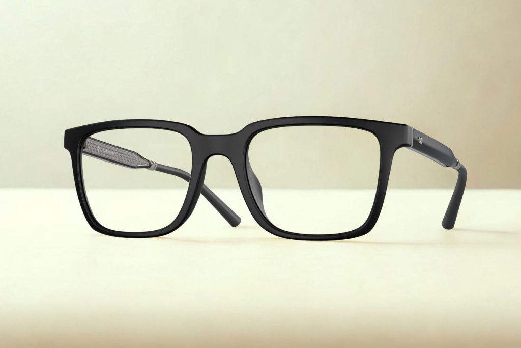 Semi-matte black rectangular full rim men’s glasses with OP’s logo along the arms