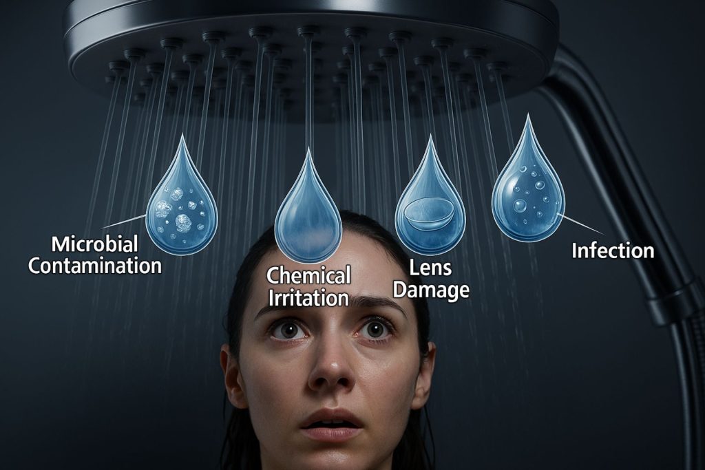 Illustration of the risks that come with showering with contacts