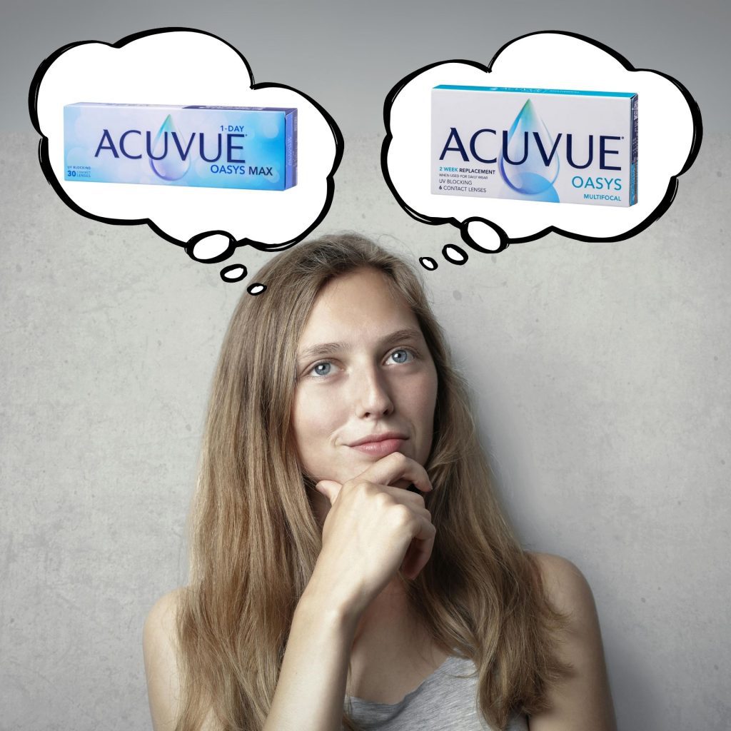 Woman holding her chin and thinking about ACUVUE OASYS contacts