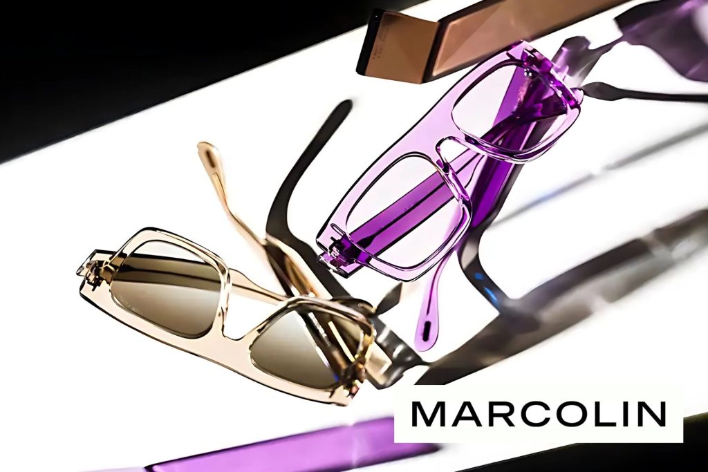Marcolin Group product display featuring a pair of sunglasses and eyeglasses