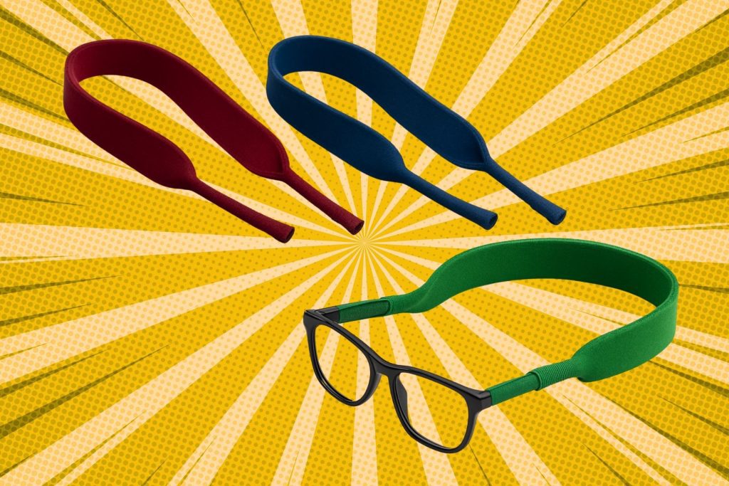 Red, blue, and green eyewear retainers with a pair of black square glasses