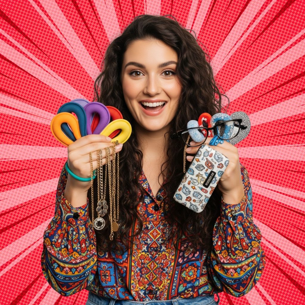 A woman holding a pair of glasses and eyeglass cushions, chains, a case, and other accessories