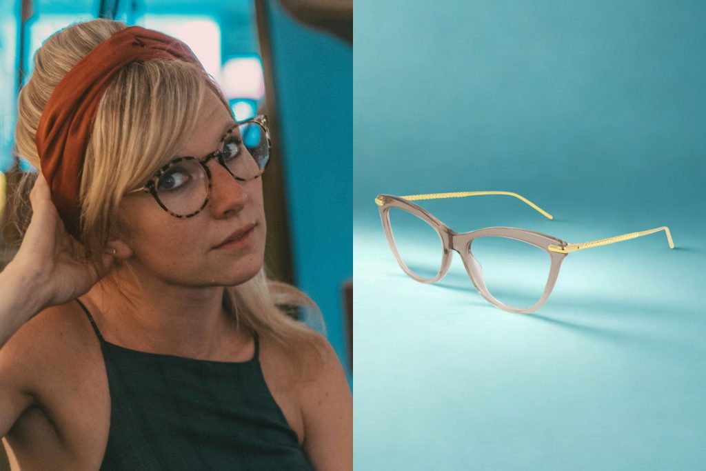 (Left) Woman wearing vintage-inspired clothes, (Right) Boucheron BC0111O cat-eye glasses featuring brown gradient frames and gold metal arms