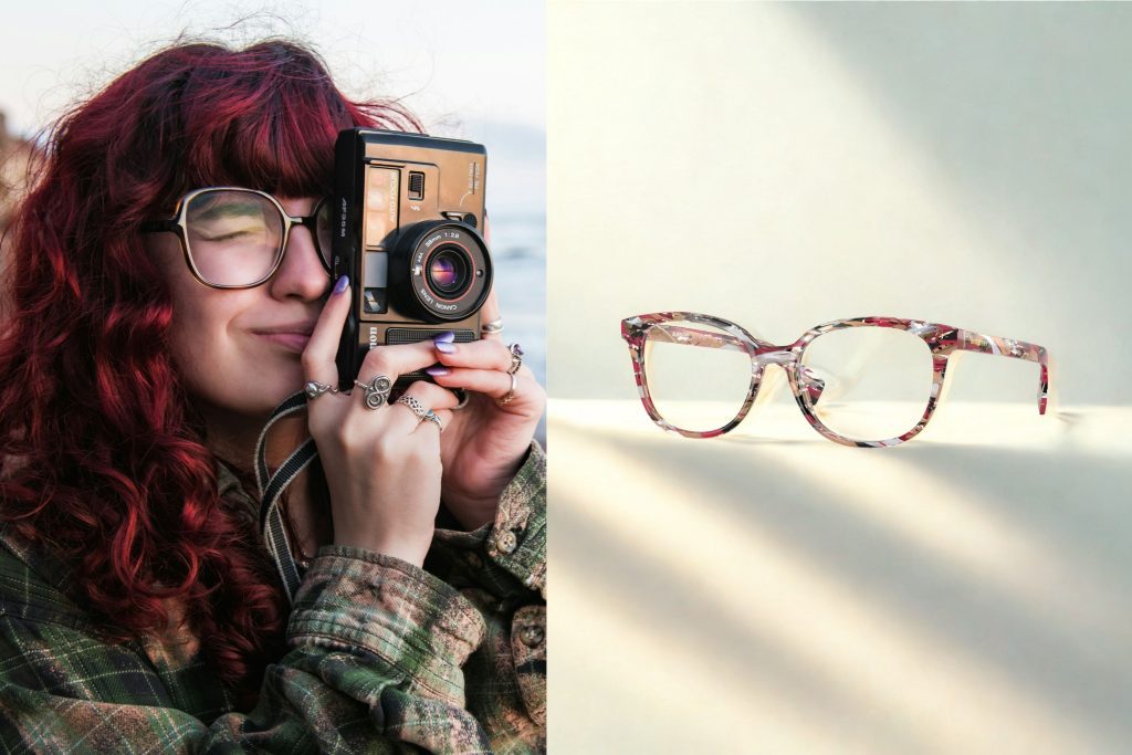 (Left) Woman with red hair using a camera, (Right) Burberry BE2291 glasses featuring multi-coloured striped check frames