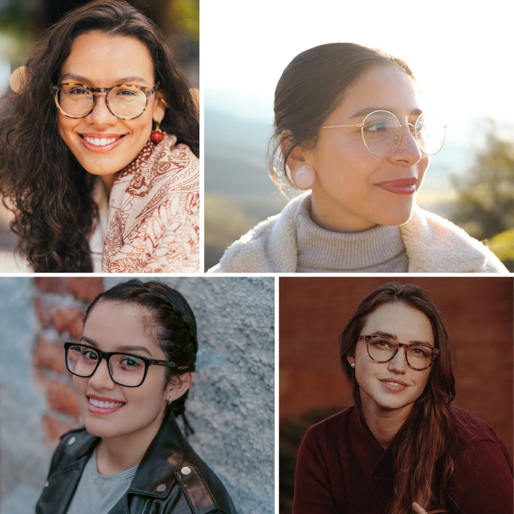 Women representing eyeglass fashion trends: round tortoiseshell, oversized wire-rim, square black, and classic tortoiseshell