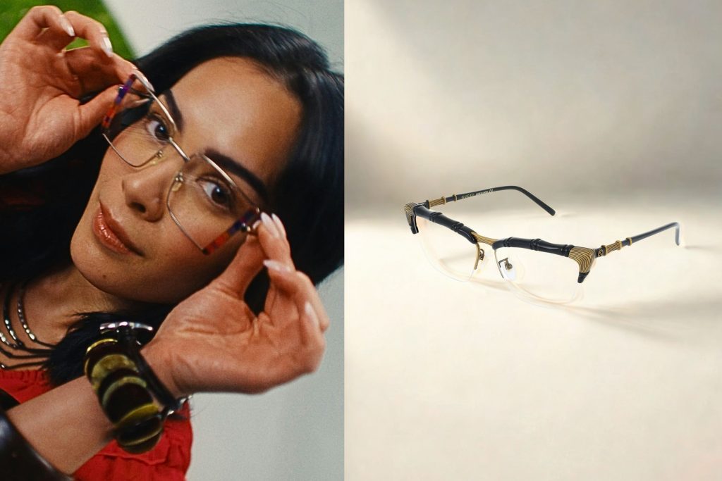 (Left) Woman wearing red blouse and cat-eye glasses, (Right) Gucci GG0660O glasses featuring black and gold frames