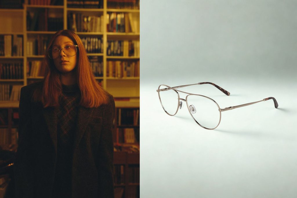 (Left) Woman wearing dark academia clothes, (Right) Longchamp LO2171 aviator glasses featuring rose gold frames