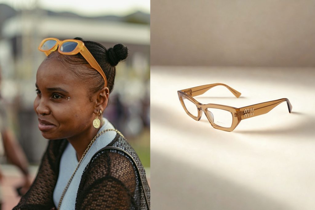 (Left) Woman wearing orange glasses, (Right) Miu Miu MU 03XV cat-eye glasses featuring Medler brown frames