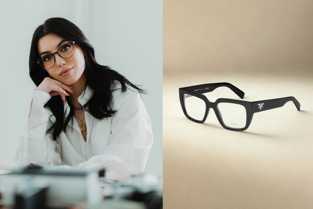 (Left) Woman wearing white shirt and black glasses, (Right) Prada PR A03V eyeglasses featuring black frames and a silver logo