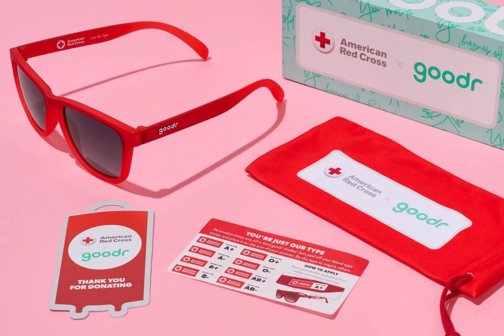 Red Goodr glasses and American Red Cross brochures and other handouts