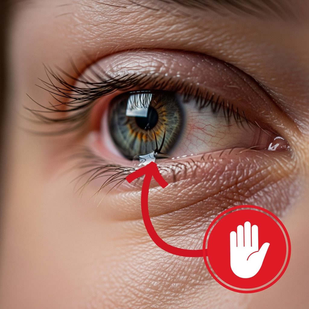 Eye with eyelashes stuck on cornea