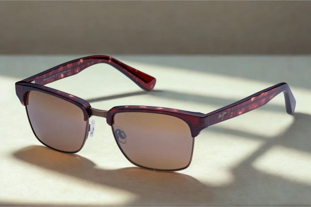 Semi-rim burgundy tortoiseshell and antique gold frames with HCL Bronze polarized lenses