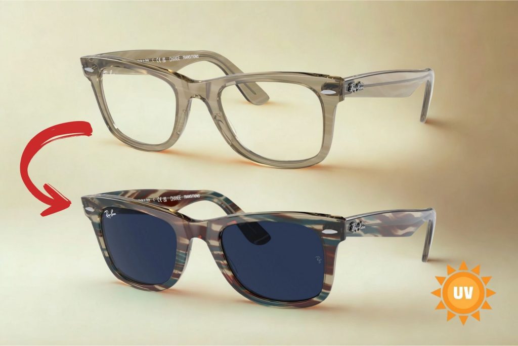 (Foreground) Striped grey sunglasses with blue-tinted lenses, (Background) Transparent grey sunglasses