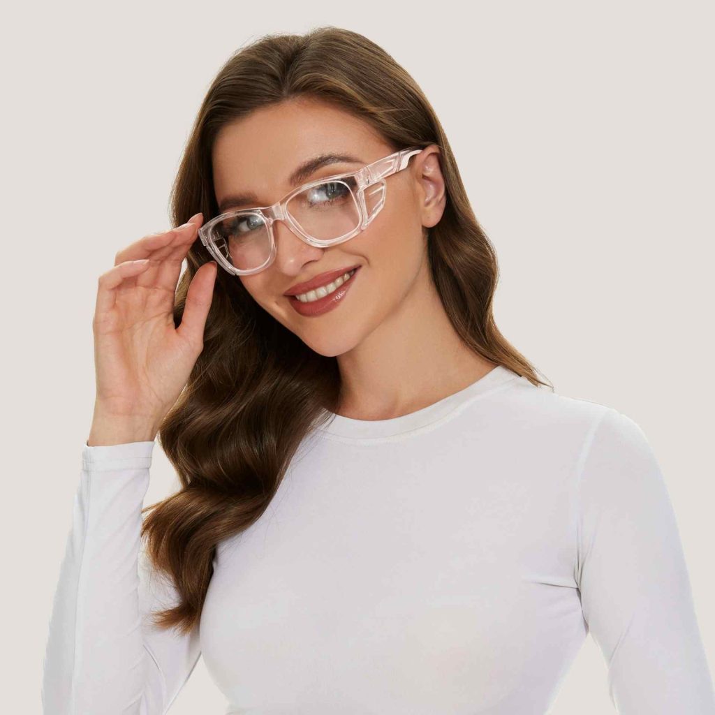 A woman wearing polycarbonate eyeglasses to protect her eyes