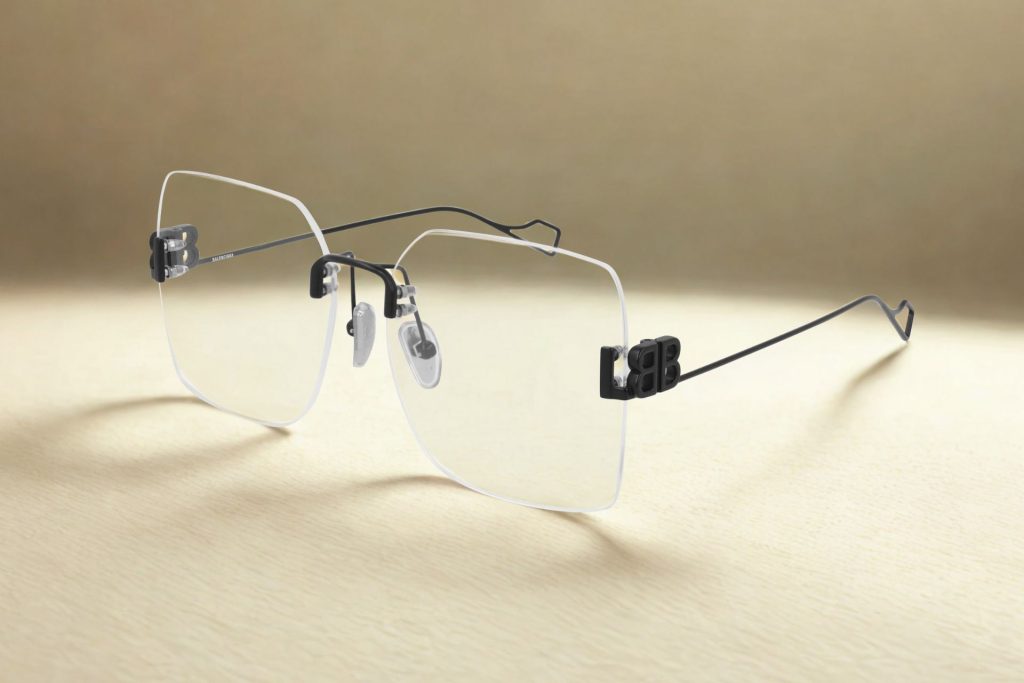 Oversized, square, rimless frames with black wire arms featuring the BB logo at the hinges