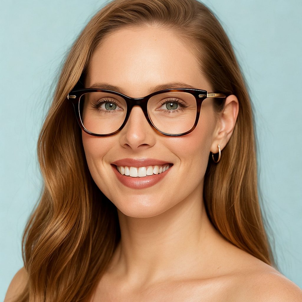 Model wearing classic tortoiseshell Tiffany & Co. eyeglasses