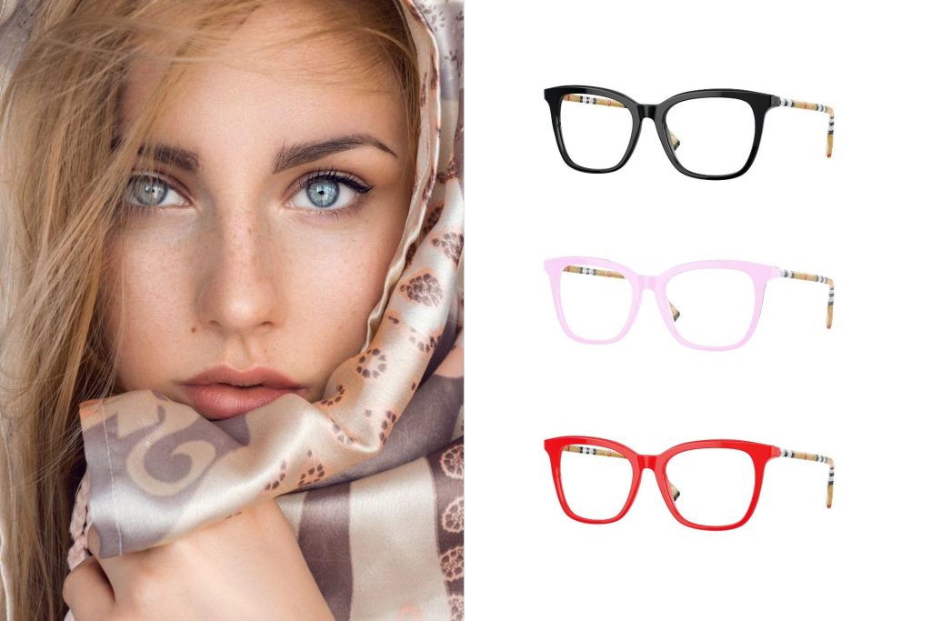 (Left) A woman with piercing blue eyes, (Right) Burberry BE2390 eyeglasses with black, baby pink, or red frames and the brand’s signature print on the arms