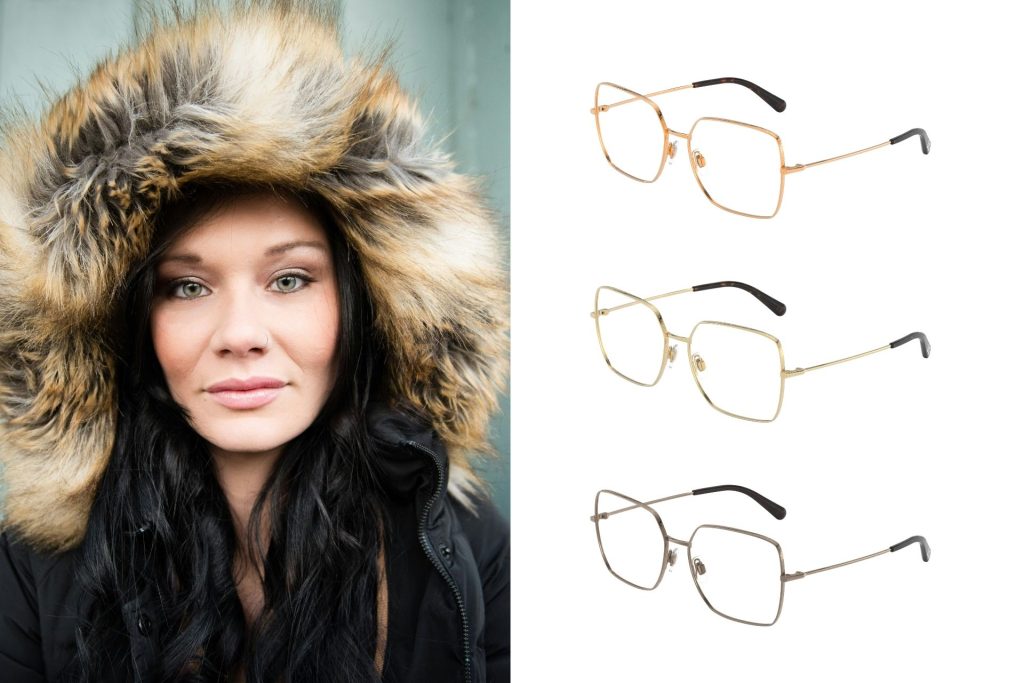 (Left) A woman with light-green eyes, (Right) Dolce & Gabbana DG1323 glasses with gold frames