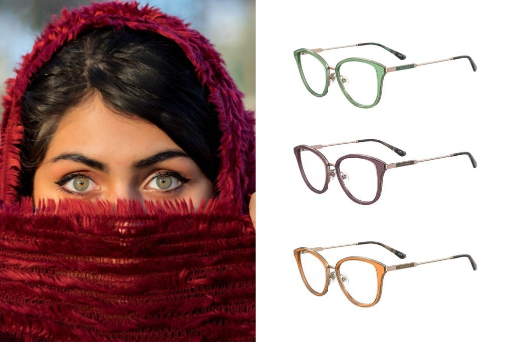 (Left) A woman with green eyes, (Right) Kate Spade HALLIE/G cat-eye eyeglasses featuring green frames
