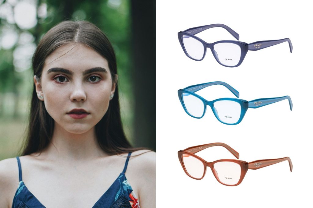(Left) A woman with deep brown eyes, (Right) Prada PR 19WV cat-eye glasses with opal blue frames