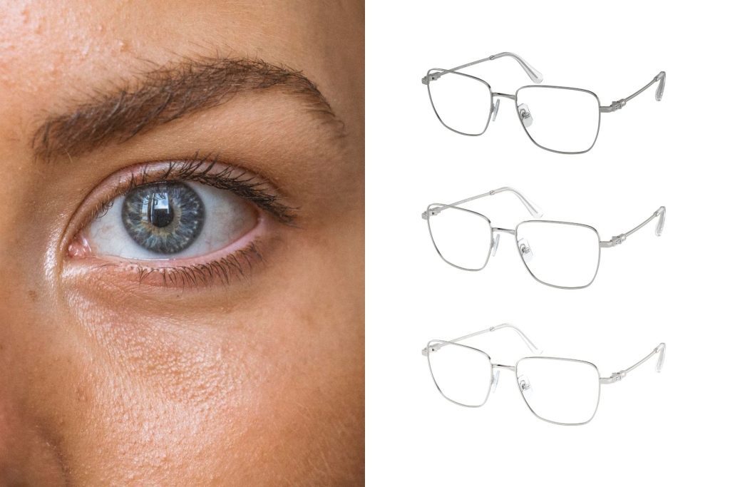 (Left) A woman with grey-blue eyes, (Right) Swarovski SK1003 eyeglasses featuring slim silver frames