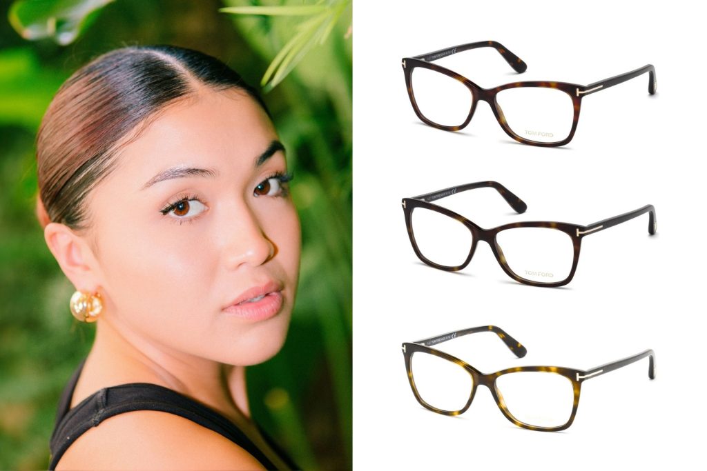 (Left) A woman with brown eyes, (Right) Tom Ford eyeglasses with dark Havana (tortoiseshell) frames