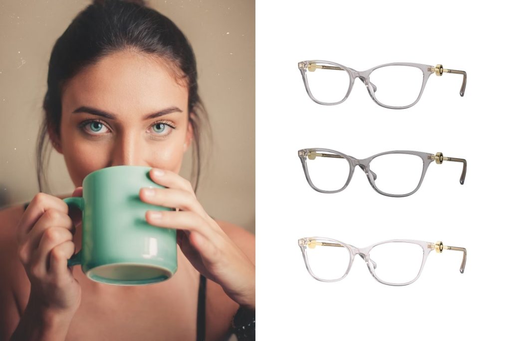 (Left) A woman with ocean-blue eyes, (Right) Versace VE3293 cat-eye glasses with grey frames and gold hardware