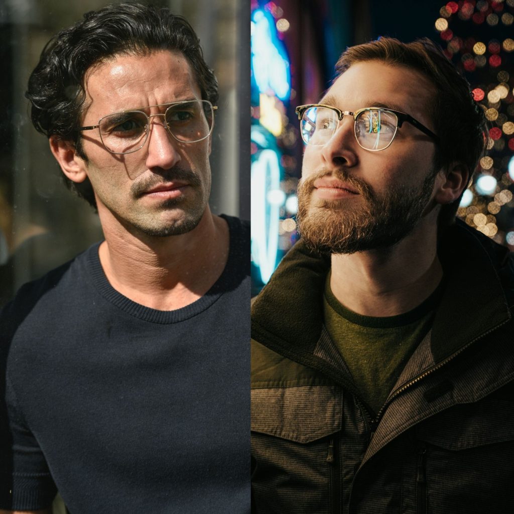 (Left) Man wearing gold-framed aviator glasses; (Right) Man wearing round glasses with black and gold frames