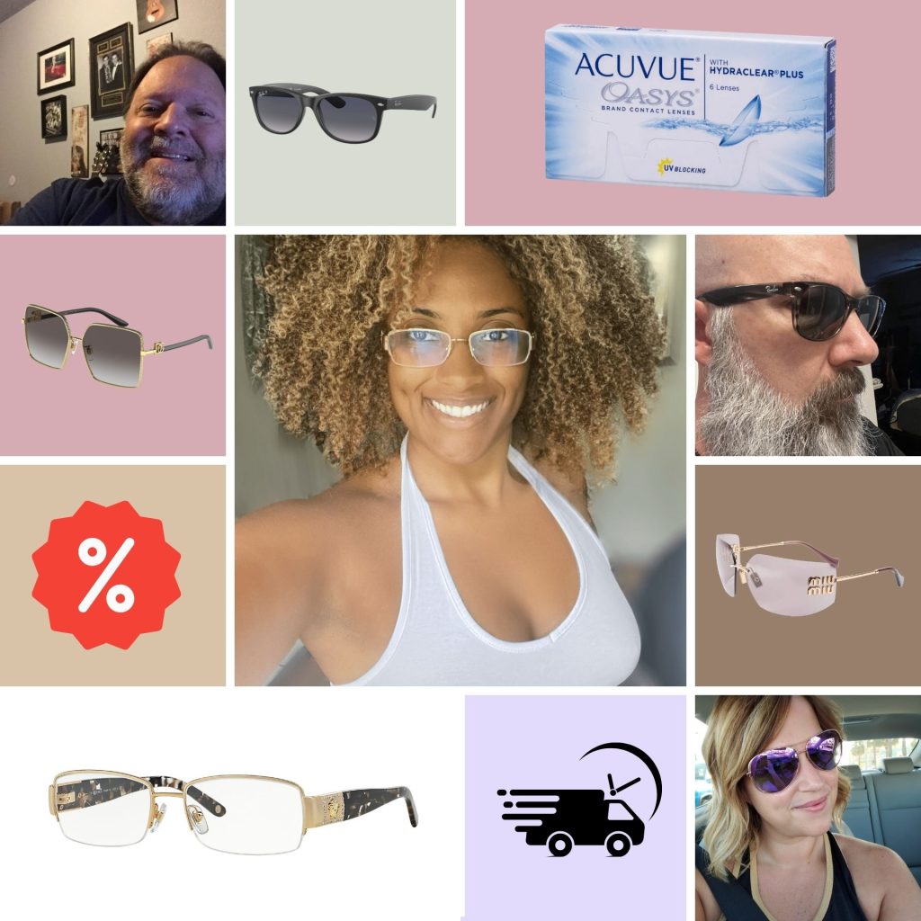 Collage of EZCustomer selfies and popular eyewear products