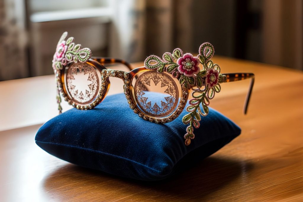 Old eyeglasses embellished by intricate embroidery and resting on a decorative pillow