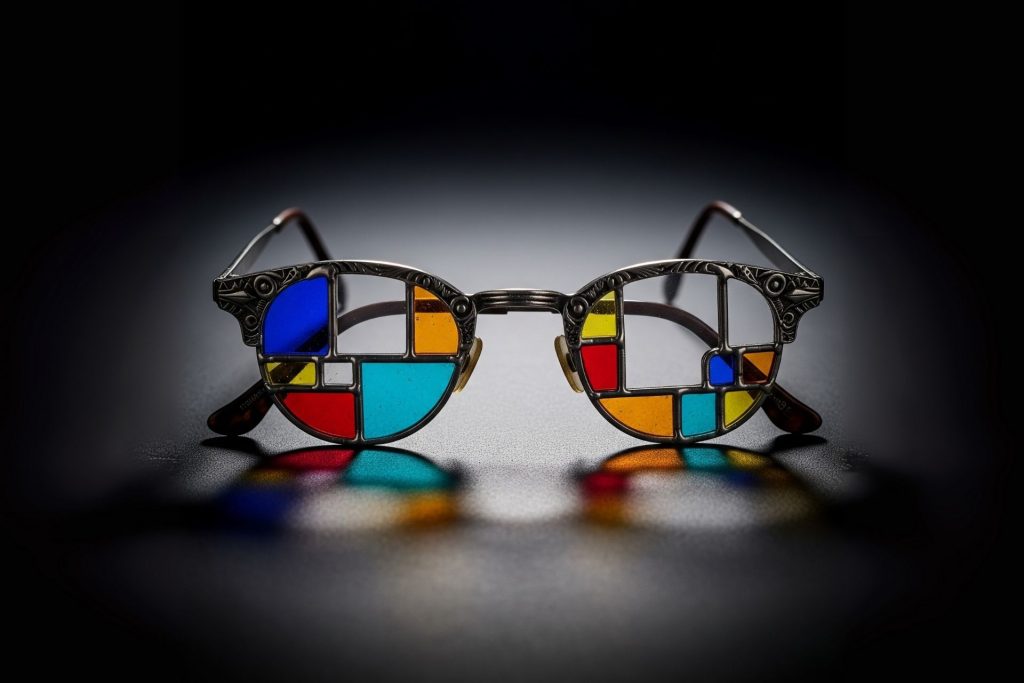 Old eyeglass frames with stained glass lenses