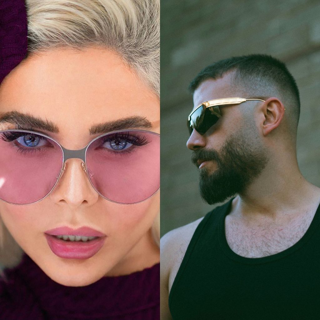 (Left) Man wearing a black tank and gold sunglasses; (Right) Blonde-haired woman wearing pink sunglasses