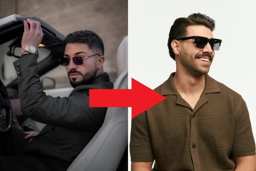 (Left) Man wearing black sunglasses in a sports car; (Right) Man smiling, wearing brown shirt and oversized shades