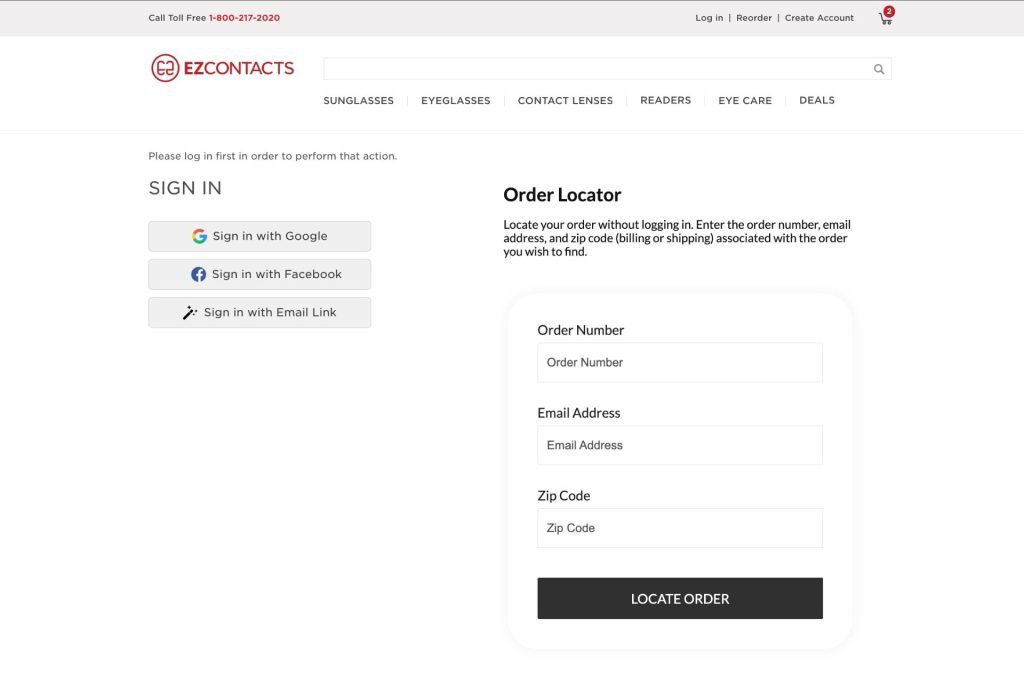 EZContacts Account landing page