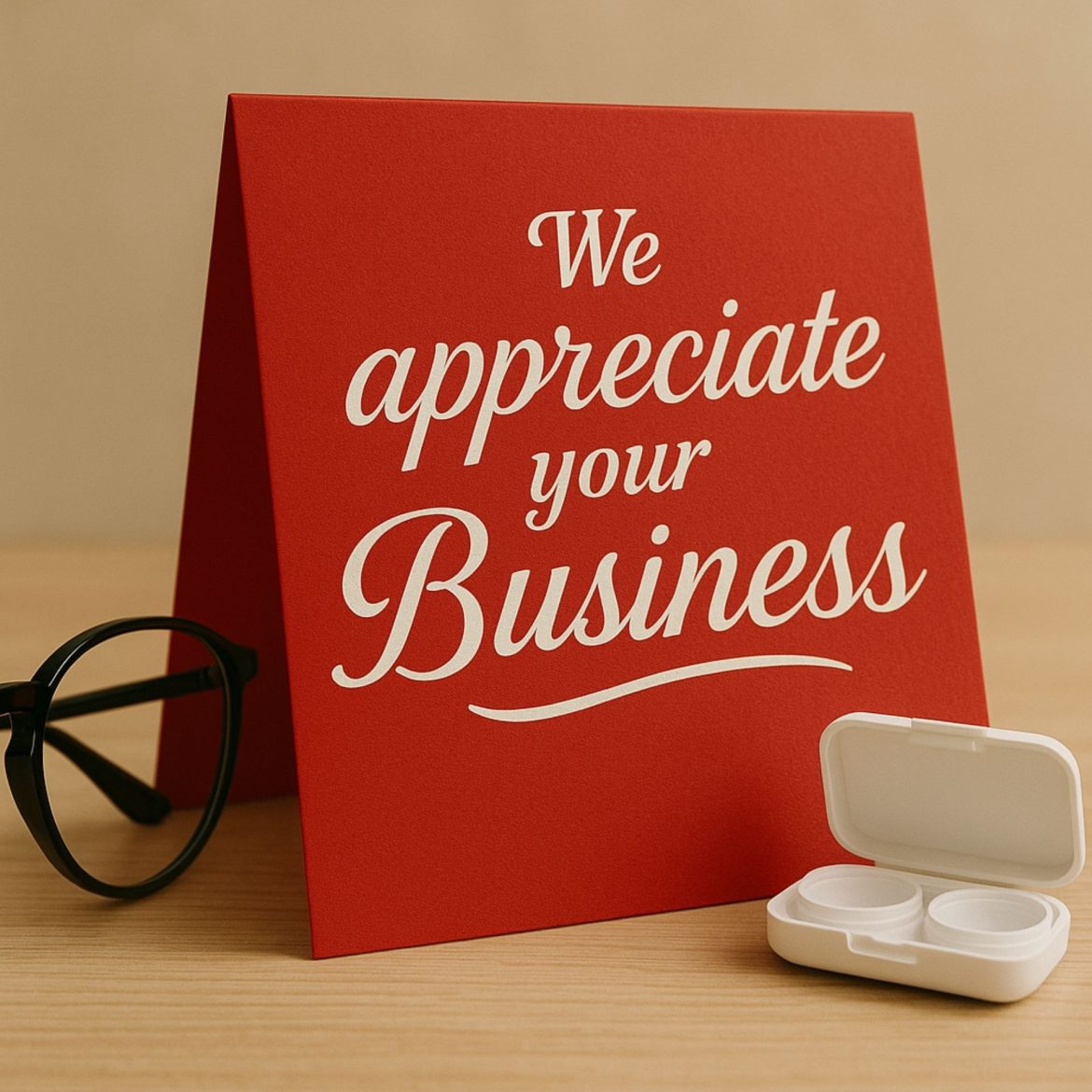 A Red ‘We Appreciate Your Business’ Sign Next To Contacts and Glasses A red ‘We Appreciate Your Business’ sign next to contacts and glasses