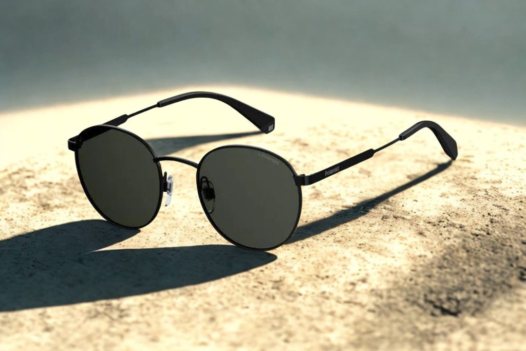 Black metallic oval frames with dark gray lenses