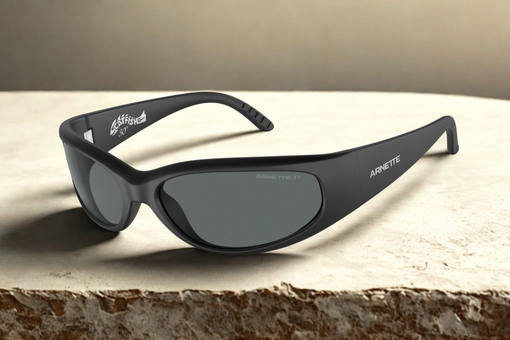 Black plastic oval sunglasses with thick temple arms with the Arnette logo embossed