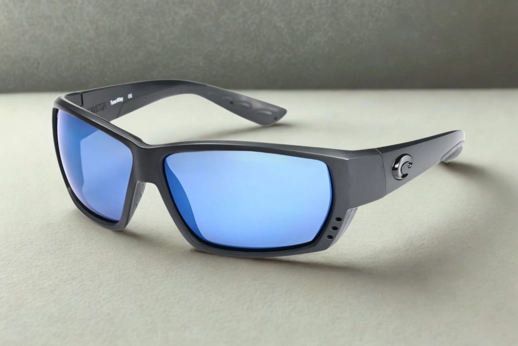 Black plastic frames with blue mirror polarized lenses and the Costa Del Mar logo near the hinges