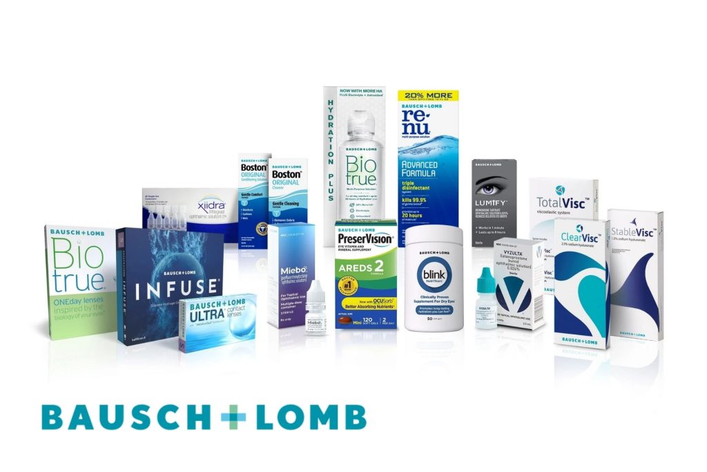 Bausch + Lomb product range featuring contact lenses and eye drops