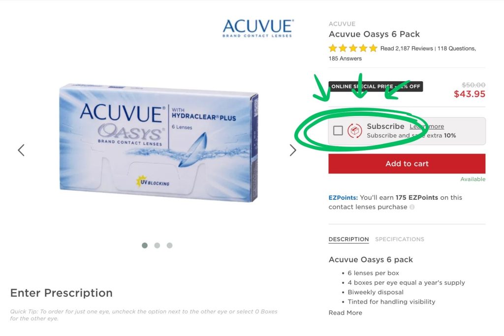 ACUVUE Oasys 6 Pack contact lenses featuring subscription service