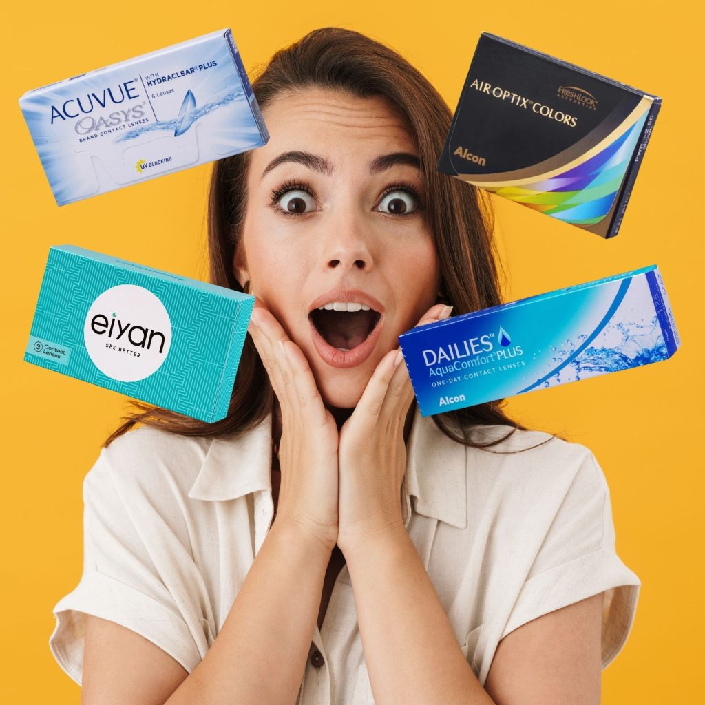 Woman with surprised face surrounded by boxes of cheap contact lenses