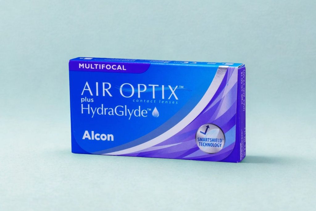 A box of AIR OPTIX Plus HydraGlyde Multifocal contact lenses