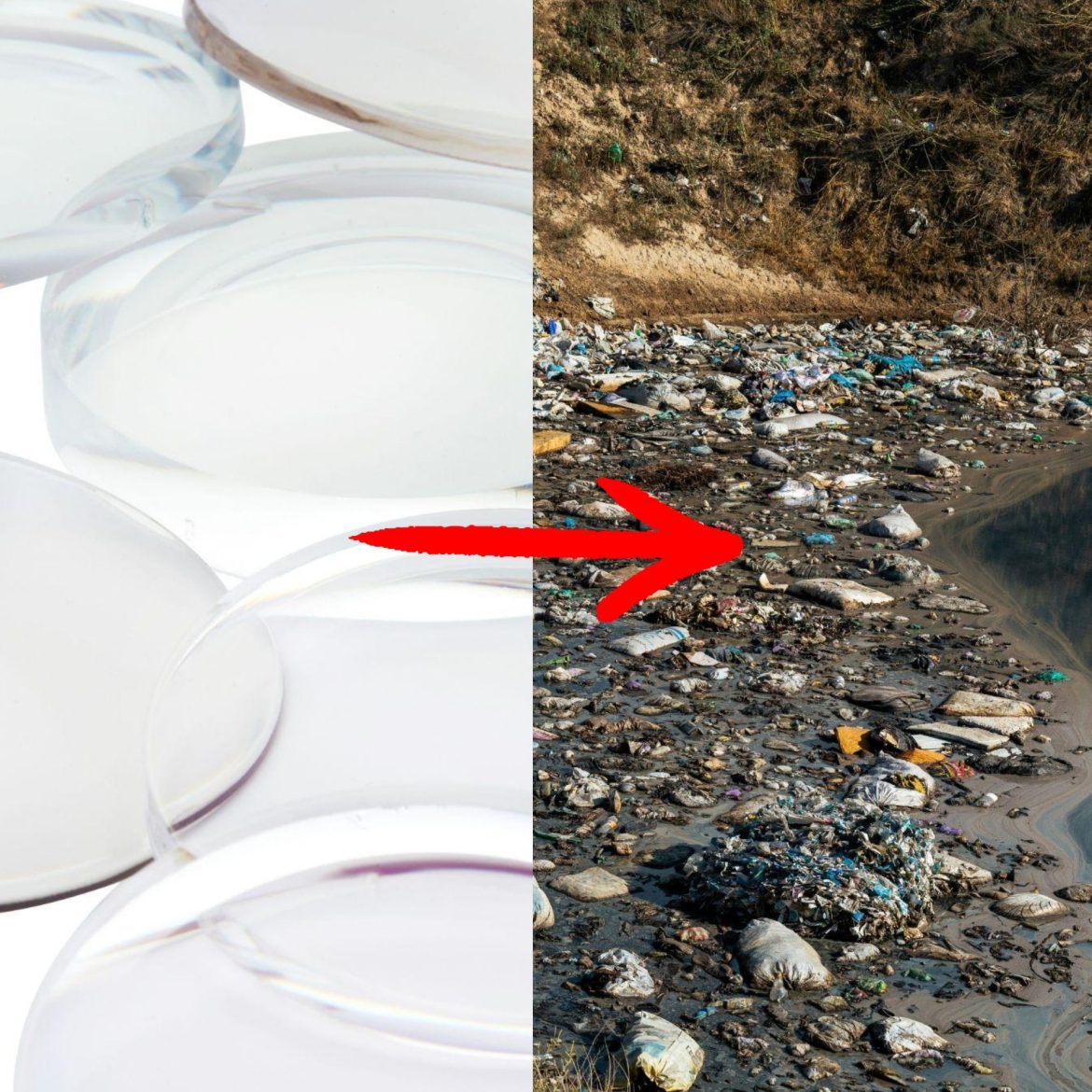 (Left) Disposable contact lenses (Right) Landfill with trash leaking into the water
