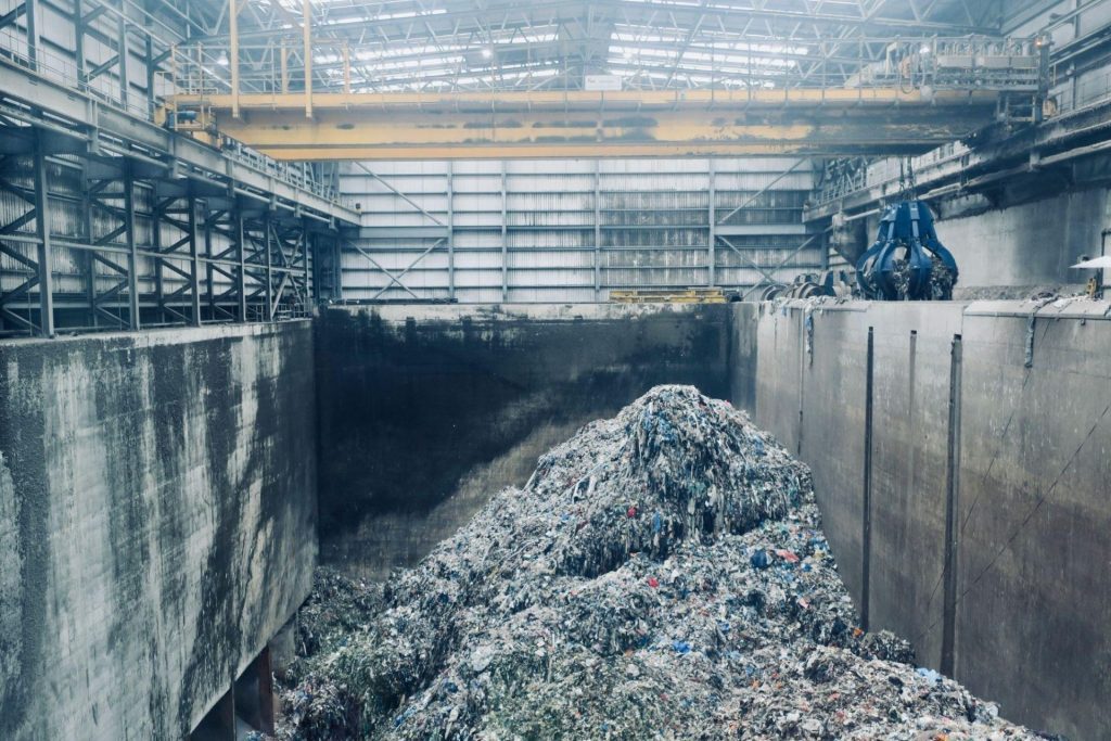 Plastic waste stored inside a processing building