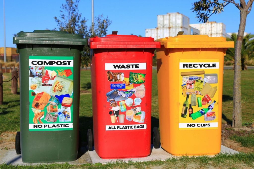 Recycling bins in a public park