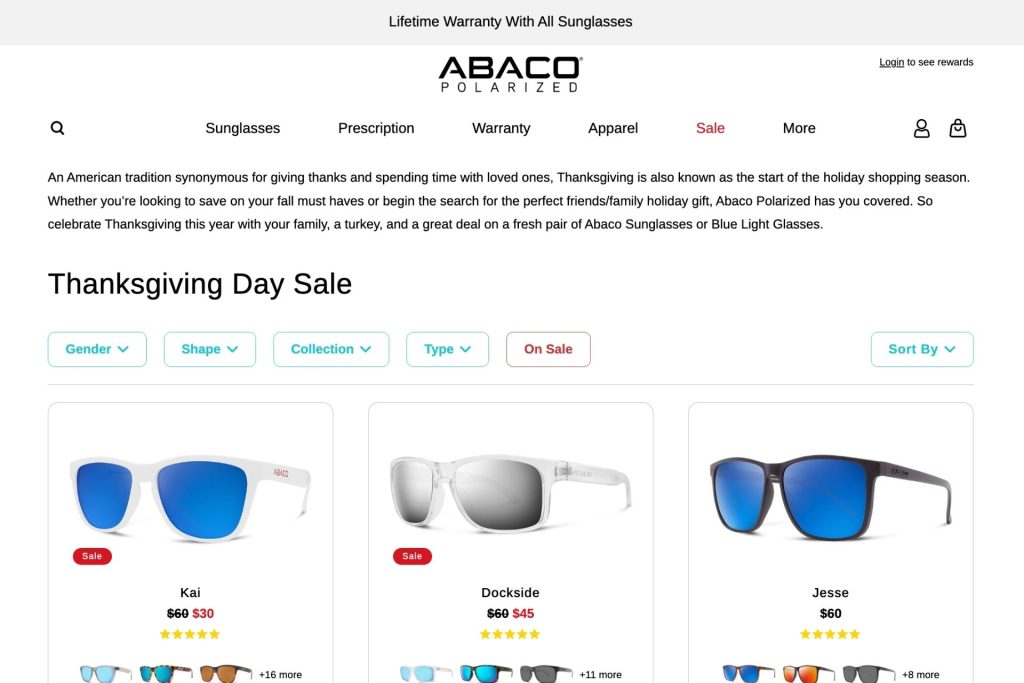 Abaco Polarized Thanksgiving Day sale page