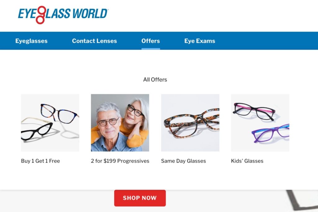 Eyeglass World Offers dropdown options