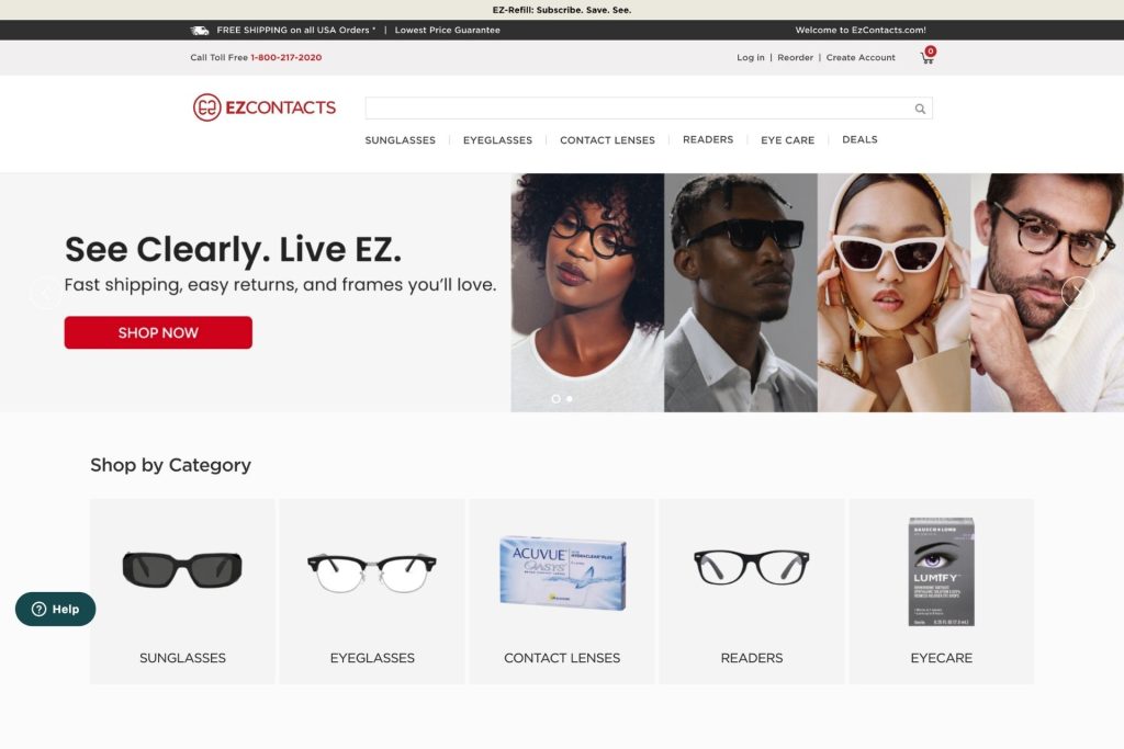 The header of the EZContacts eyewear superstore website